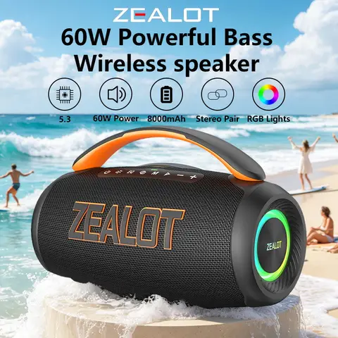 ZEALOT-P12 Portable Bluetooth Speaker 60W, IPX6 Waterproof, Supports TF Card and USB, Beach Party Speaker, Outdoor Camping Speaker, Large Gathering Speaker