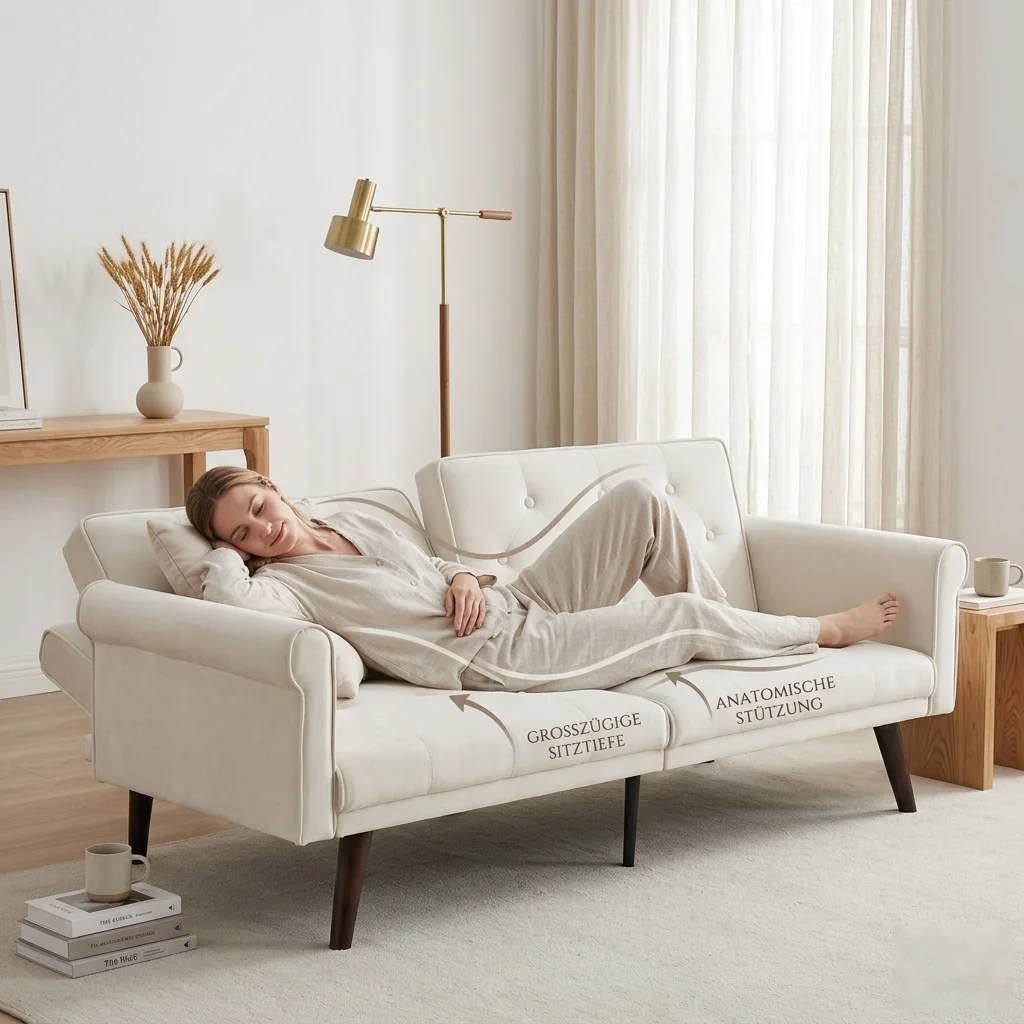 Sofá Cama Beige 2 en 1 Ajustable, Sofá Plegable Multifuncional con Respaldo Reclinable para Sala de Estar y Dormitorio