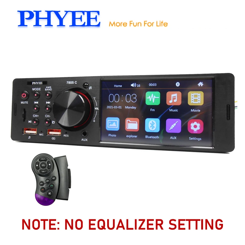 

1Din 4.1 Inch Touch Screen Car Radio, Bluetooth 5.0 Hands-Free, FLAC Audio, USB Fast Charging, 7 Color Lights MP5 Headunit 7805C