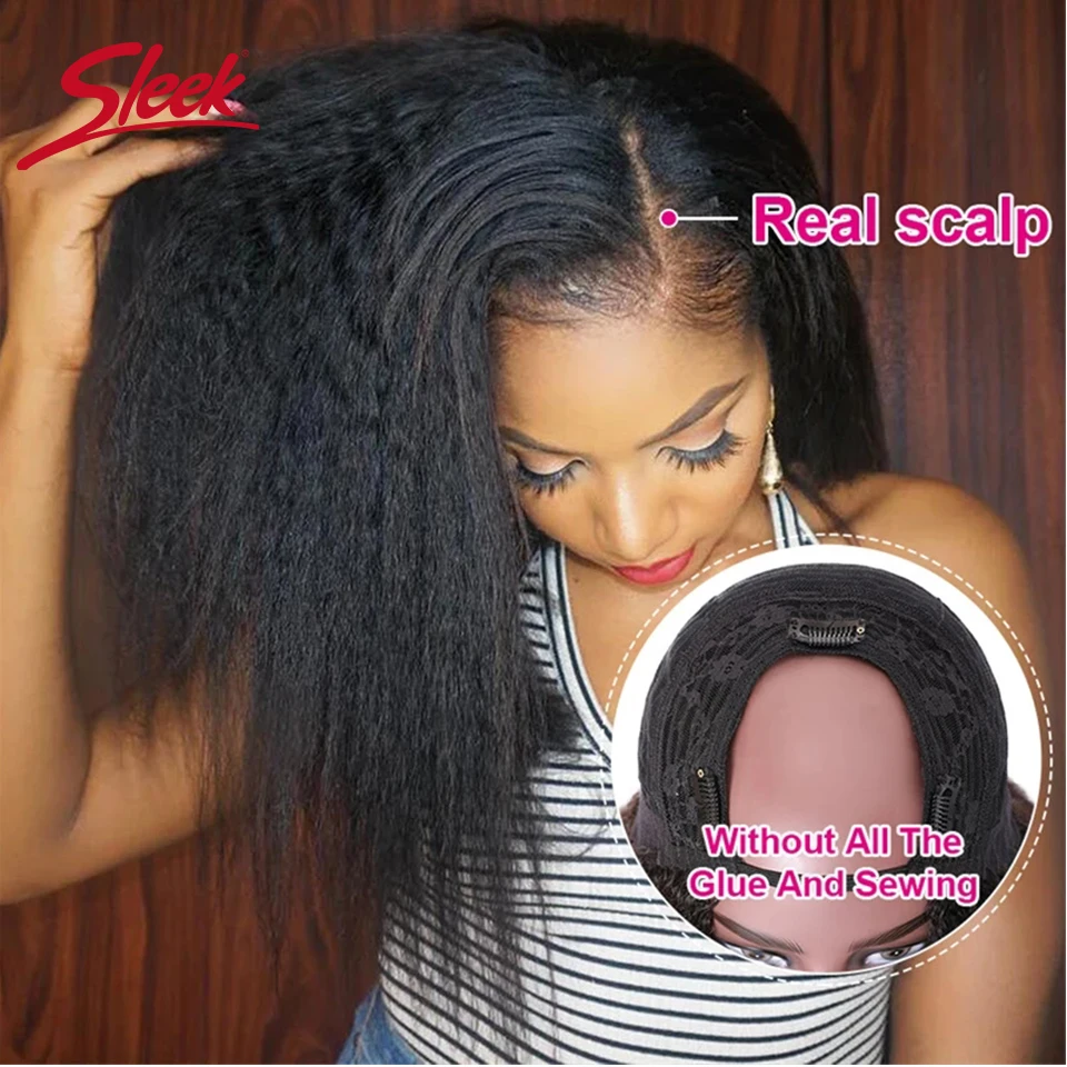 Sleek U Part Wig Brazilian Yaki Straight Human Hair Wigs For Women Nature Black And Remy Natural Brown 2# Kinky Straight Wigs