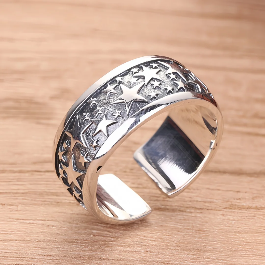 BOCAI New S925 Sterling Silver Charms Pendants for Men Women Antique Stars Pattern Adjustable Ring Fine Choice Jewelry