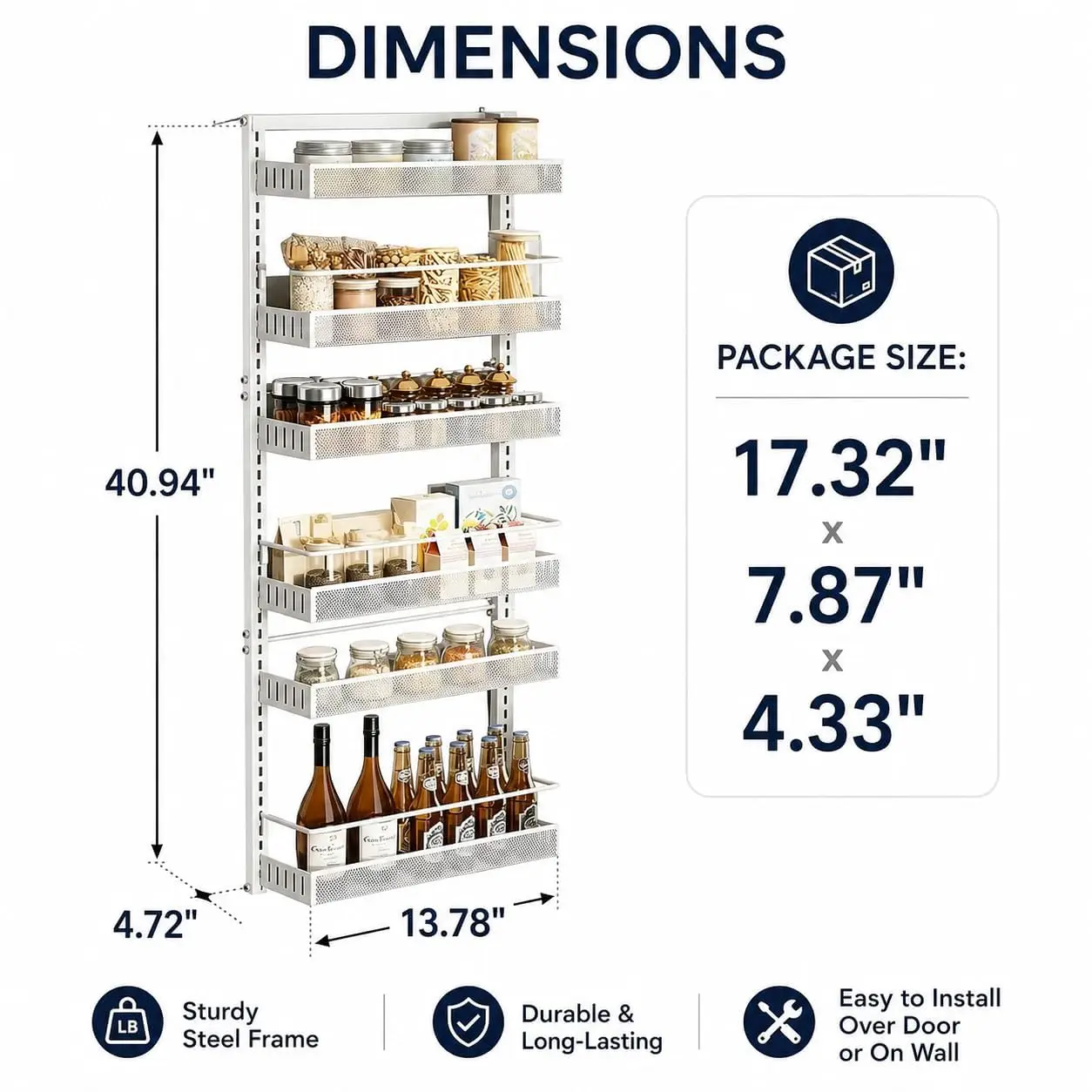 6-Tier Heavy Duty Over-the-Door Pantry Organizer Rack – Adjustable Metal Storage Shelf with Removable Baskets – Wall Mounted or Hanging Space-Saving Kitchen Organizer for Spices and Cans