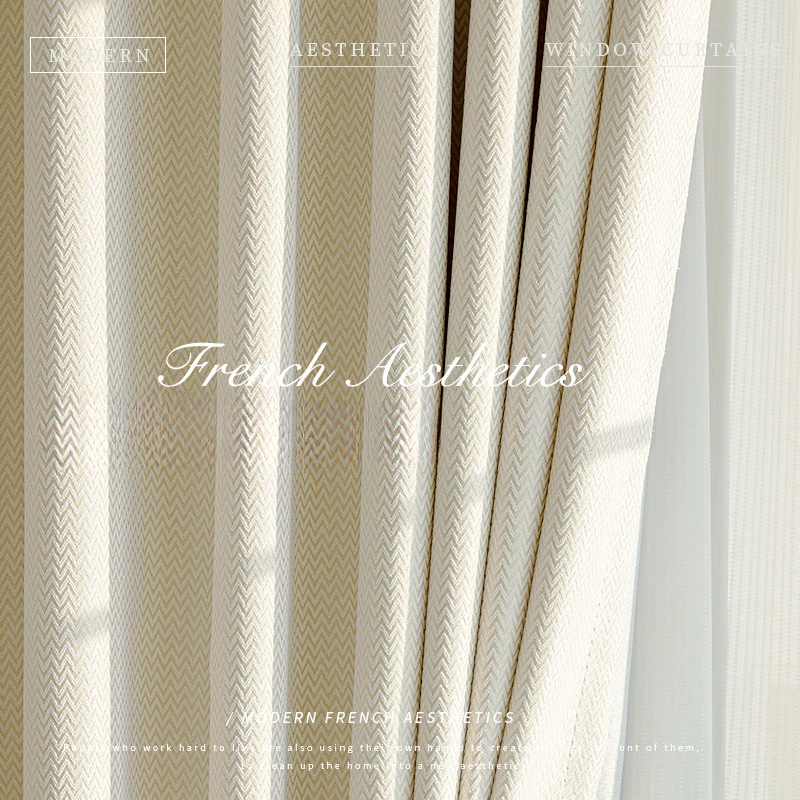 

Japanese Chenille Curtains for Living Room Bedroom Villa Study Wavy Thickened Blackout Fabric Modern Beige Textured Custom