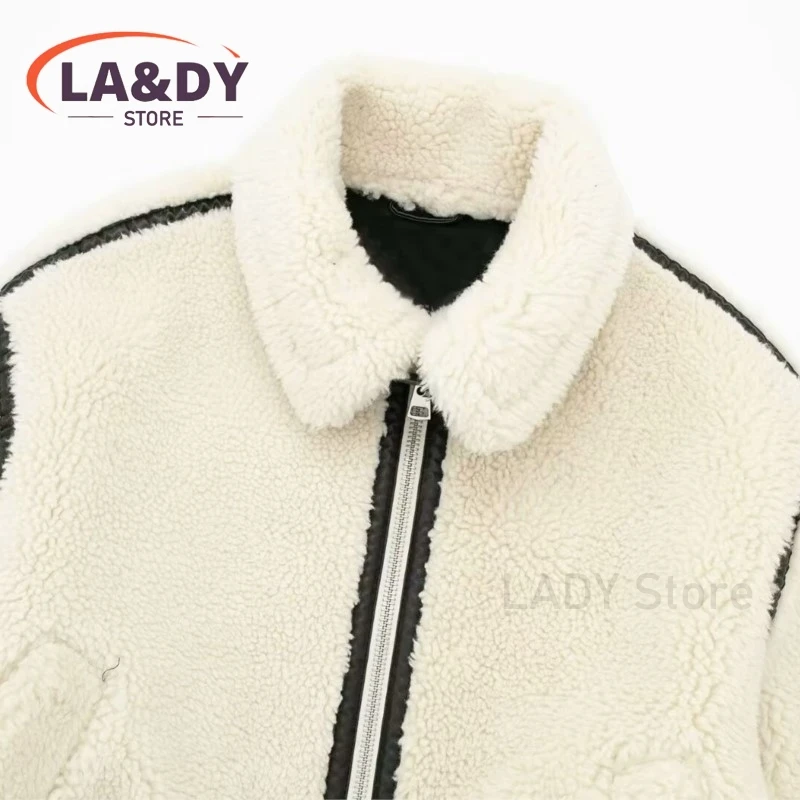 2024 New Winter Fashion Short Fleece Jacket Coat Female Loose Splice Long Sleeves Pocket Zipper Warm Outerwear