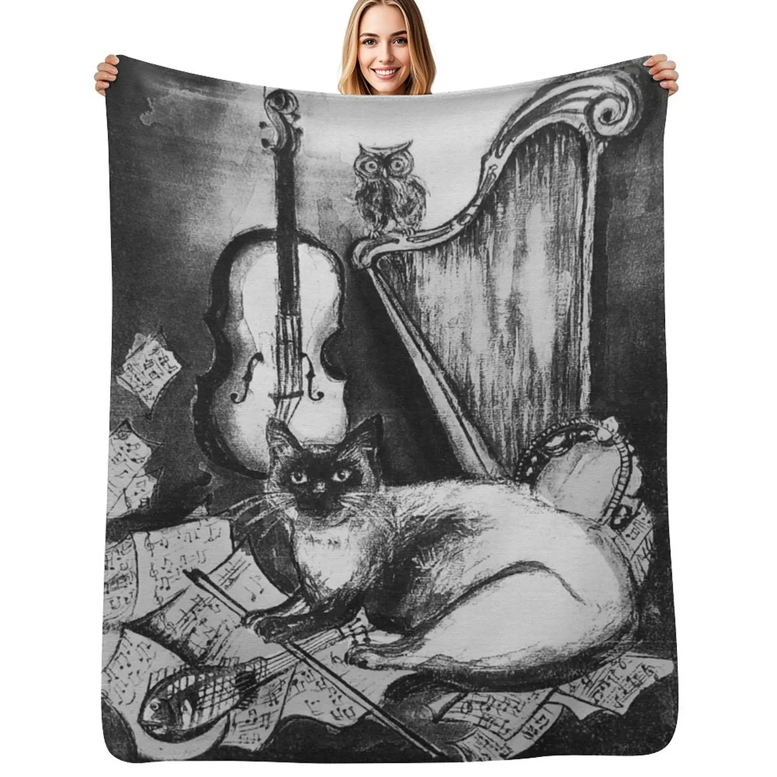 

MUSICAL CAT AND OWL WITH MUSIC INSTRUMENTS Black and White Throw Blanket Hairy Blankets For Sofas Shaggy Luxury St Blankets