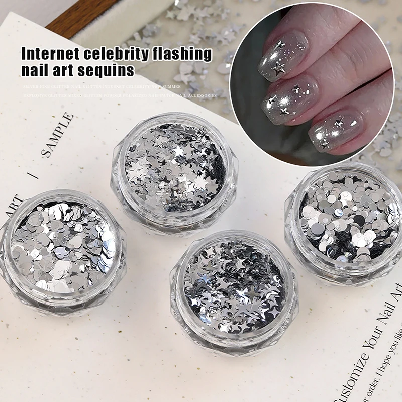Shiny Silver Sequins Nail Art Stickers 1 Jar Mix Shapes Starlight Love Star Slice Manicure Paillette Charms for DIY Beauty