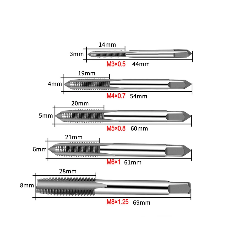 5pcs Hand Straight Groove Thread Tap M3 to M8 Quick Tapping and Durable Metric Thread Screw Taps Hardware Tool Set