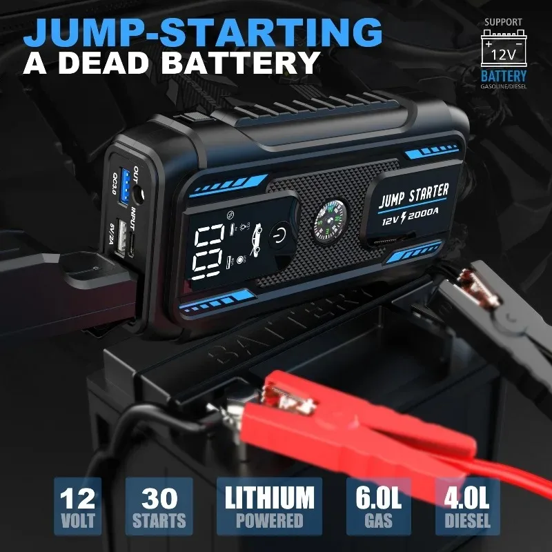 باور بانك محمول للسيارة بقوة 2000 أمبير وبطارية 22000 مللي أمبير في الساعة مع مشبك ذكي لبدء تشغيل السيارة والطاقة المتنقلة