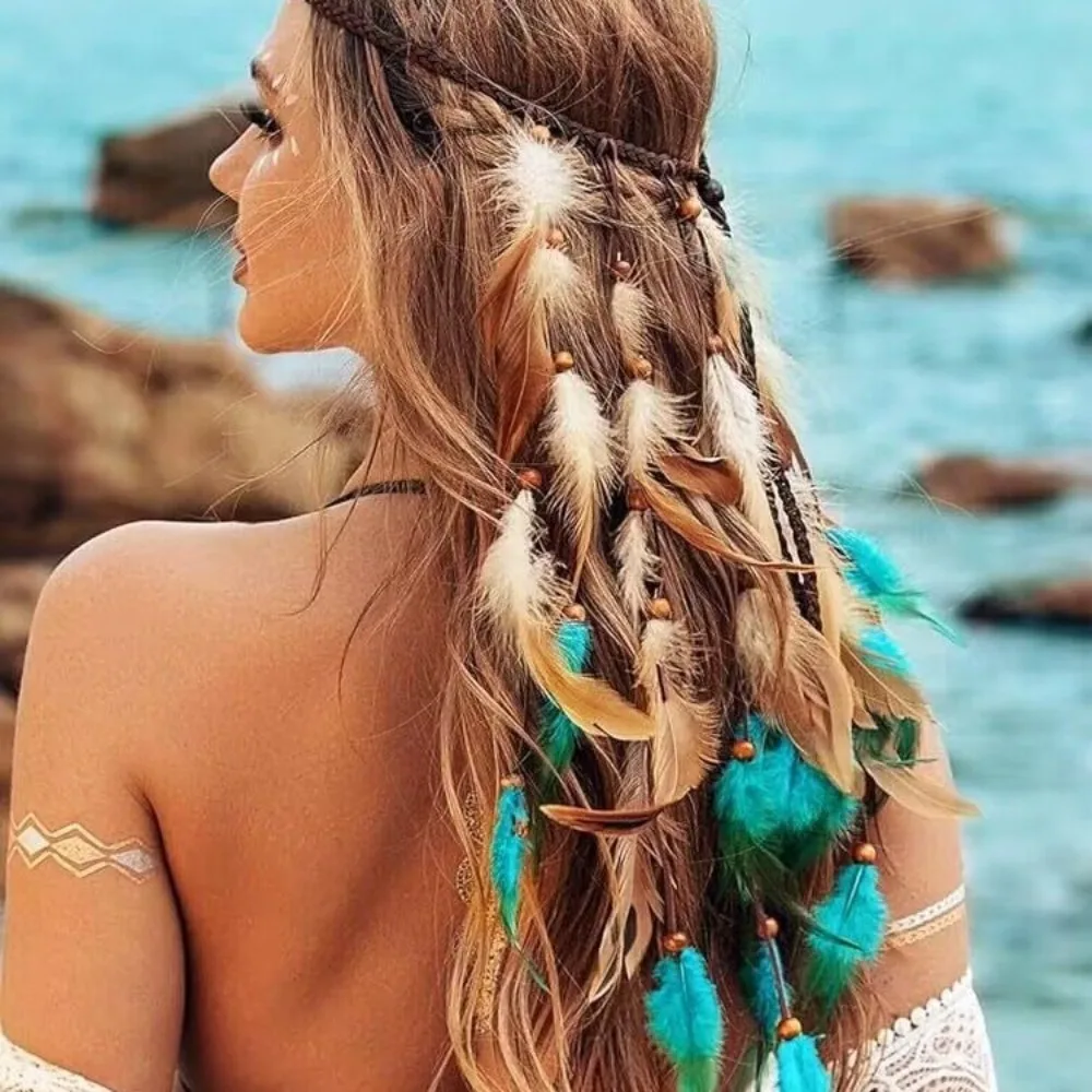 

Fashion Tassel Feather Headband Adjustable Beaded Boho Style Headdress Costume Bohemian Rainbow Indian Headband Halloween