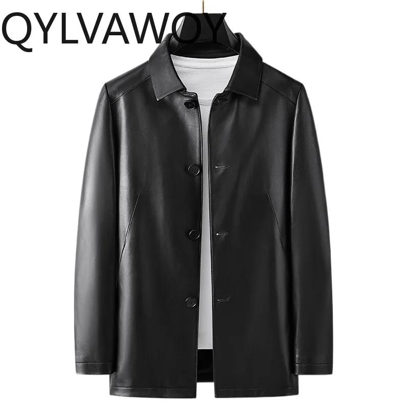 

QYLVAWOY Spring Autumn Men Real Sheepskin Coat Man Lapel Mid Length 100% Genuine Leather Jacket Casual Business Casaco Masculino