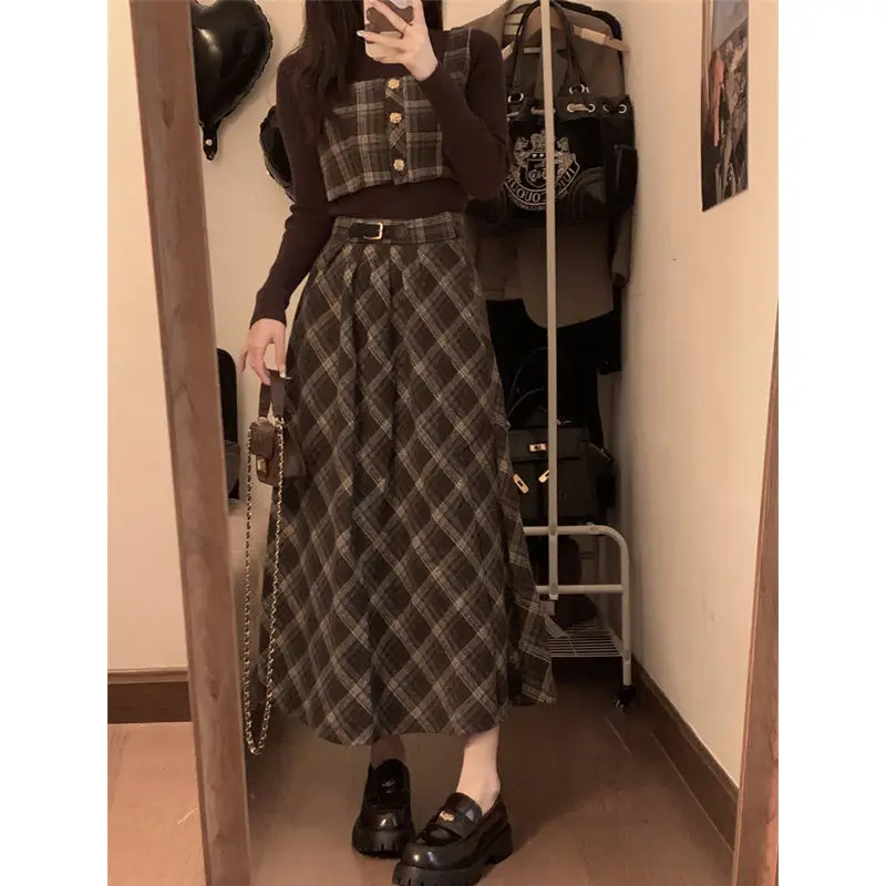 Korean college style short checkered vest+knitted top+slim fit high waisted half length skirt three piece set trendy