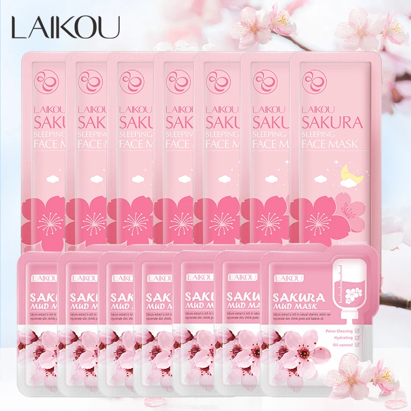 Mascarilla Facial de barro Sakura + mascarillas para dormir, paquetes faciales de noche antiarrugas, limpieza de la piel, círculo oscuro, hidrata, cuidado de la piel antienvejecimiento, 14 Uds.