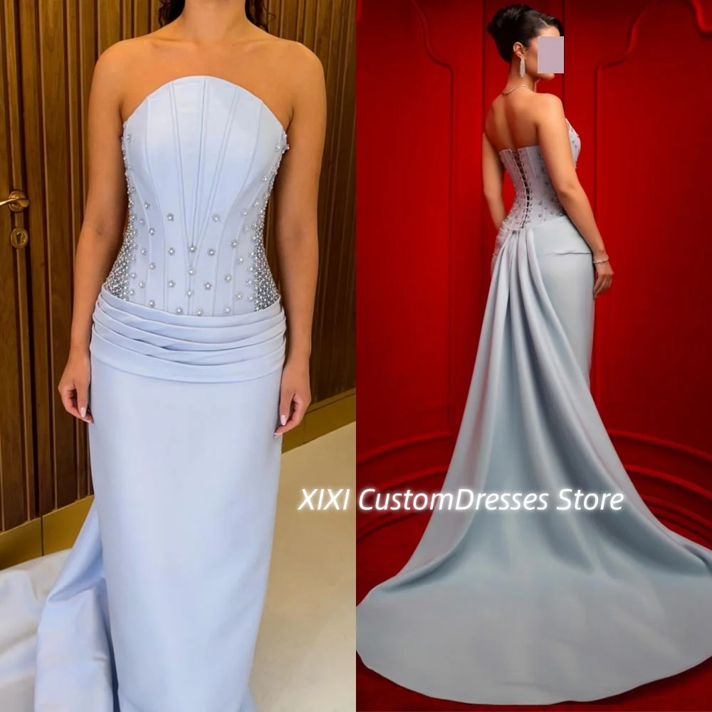 

Elegant Party Dresses For Women Customize Sweep Train Strapless Dresses For Special Events Beadings Zipper Up Sleeveless Cocktai
