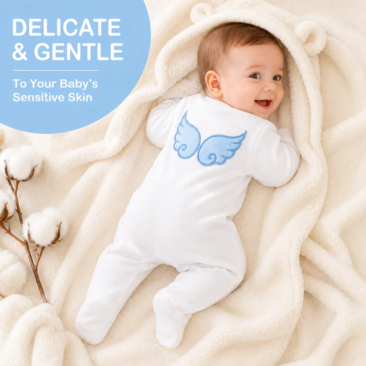 Newborn Boy Ceremony Outfit 4 Pieces White Knit Footed Onesie Blue Angel Wing Embroidery Hat Gloves Baby Shoes