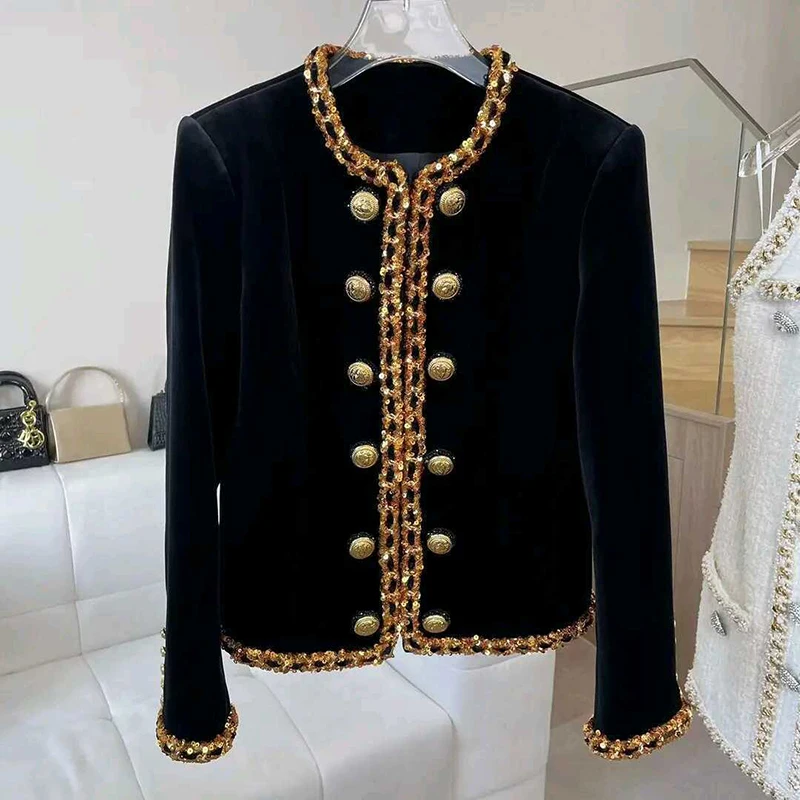 Spring Black Chain Woven Sequin Short Jacket Women New Autumn Heavy Industry Diamond Studded Western-style Suit Jacket Cardigan