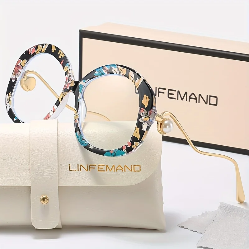 LINFEMAND übergroße runde Anti-Blaulicht-Brille mit Perlendekoration für das Lesen im Büro von Frauen, tägliches Anziehen, Weihnachtsgeschenke