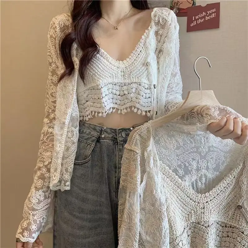 2025 verão novo solto estilo coreano rendas oco para fora roupas de proteção solar cardigan de malha chique fino topo feminino