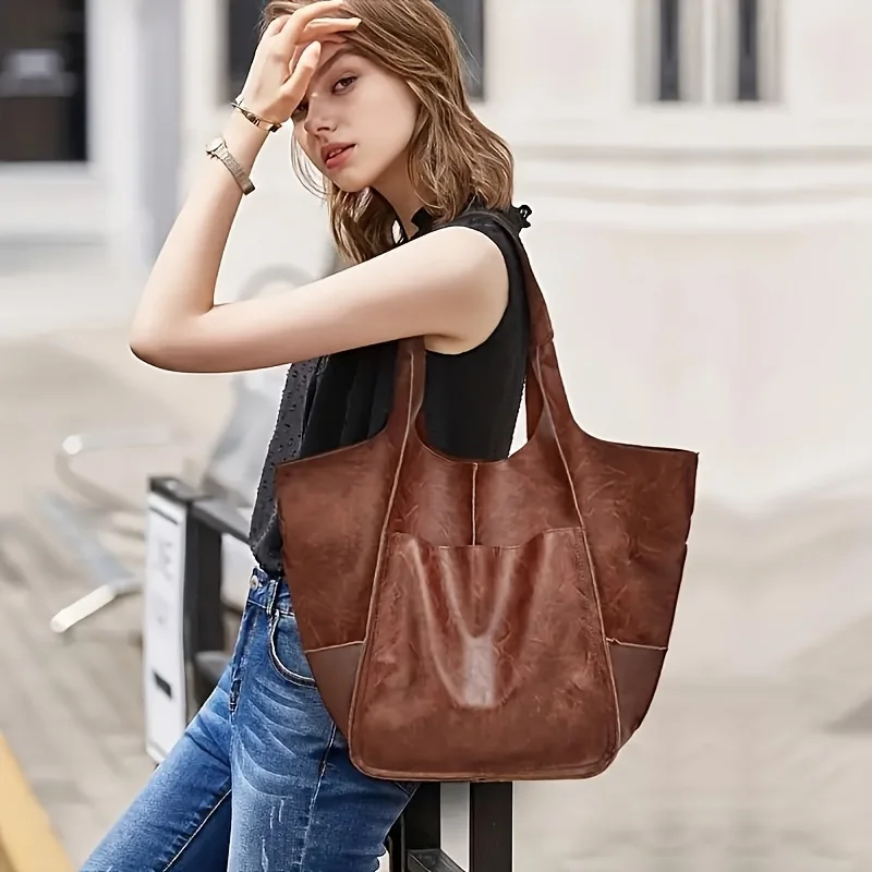 Retro Minimalist Tote Bag Large Capacity Shopping Bag Fashion PU Leather Soft Leather Shoulder Bag