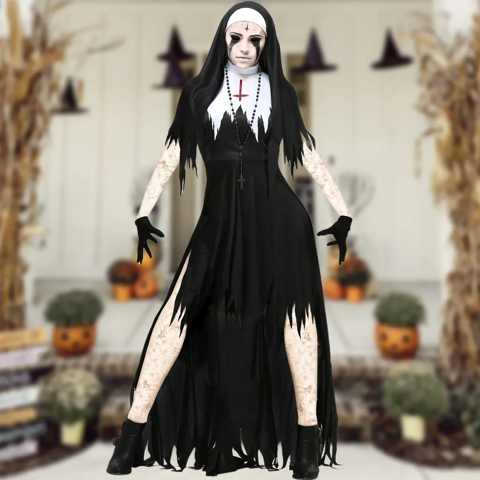 

Women Halloween Dress Set with Hat & Gloves Long Sleeve Black Ladies Costume Dress Horror Gothic Ghost Cosplay Party Outfit