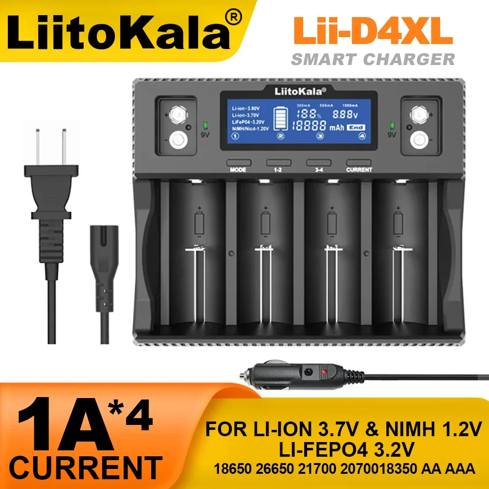 

LiitoKala Lii-D4XL 21700 18650 3.7V Li-ion 3.2V LiFePO4 1.2V NiMH/Cd 26650 26700 32700 D AA AAA 9V LCD Display Battery Charger