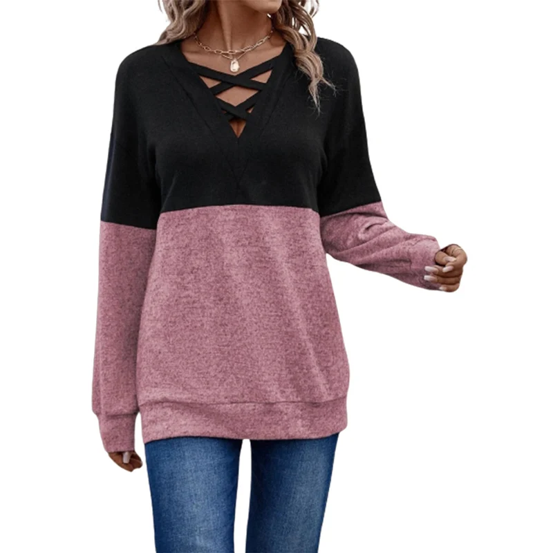 

Fashion Double Patchwork Colours T-Shirt Women V Neck Cross Strap Splice Tees Female Autumn Comfortable Casual Long Sleeve Tops