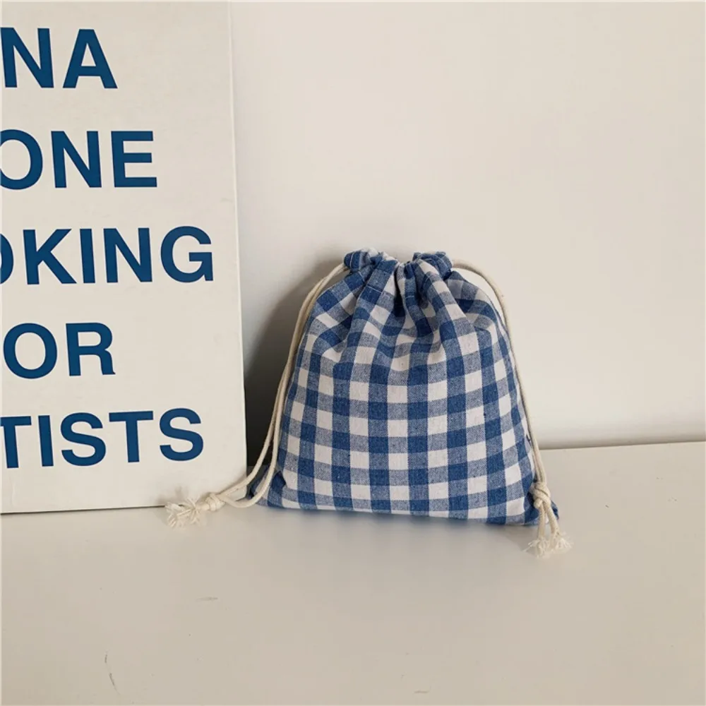 Linen Grids Drawstring Bag Storage Bag Pastoral Literary Style Makeup Bag Coin Purse Cosmetic Bag Jewelry Storage Bag daily