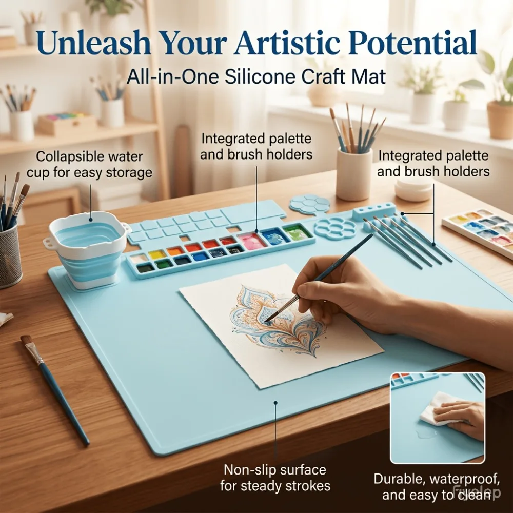 Large Silicone Craft Mat with Removable Cup Holder &16 Wells,Non-Slip Heatproof,Brush Cleaner Ridges for Painting Jewelry Crafts