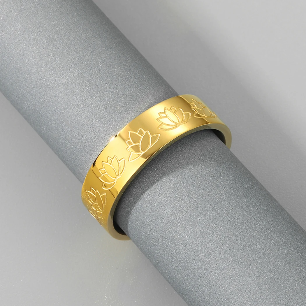

QIAMNI Lotus Flower Rings For Women Men Stainless Steel Finger Ring Vintage Wedding Valentine's Day Couple Jewelry Gift Bague