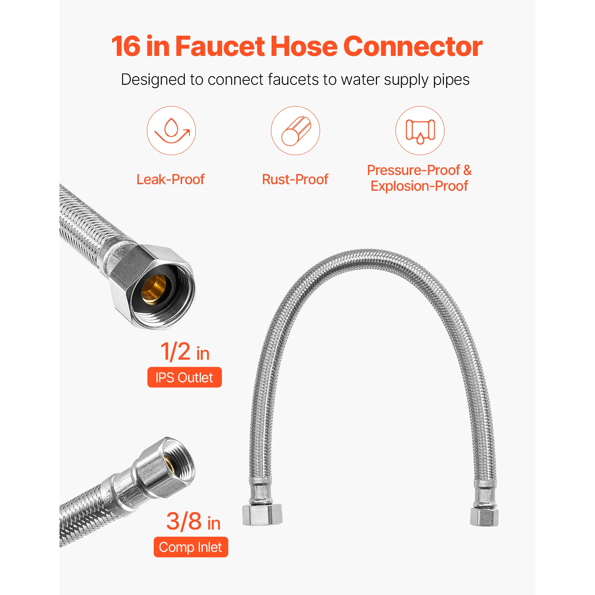 Faucet Hose Connector, 16-Inch Length, 3/8 Inch Comp x 1/2 Inch FIP 10-Pack Braided Stainless Steel Faucet Supply Line, Faucet Hose Connects Kitchen Bathroom Sink to Water Supply, Certified Safe