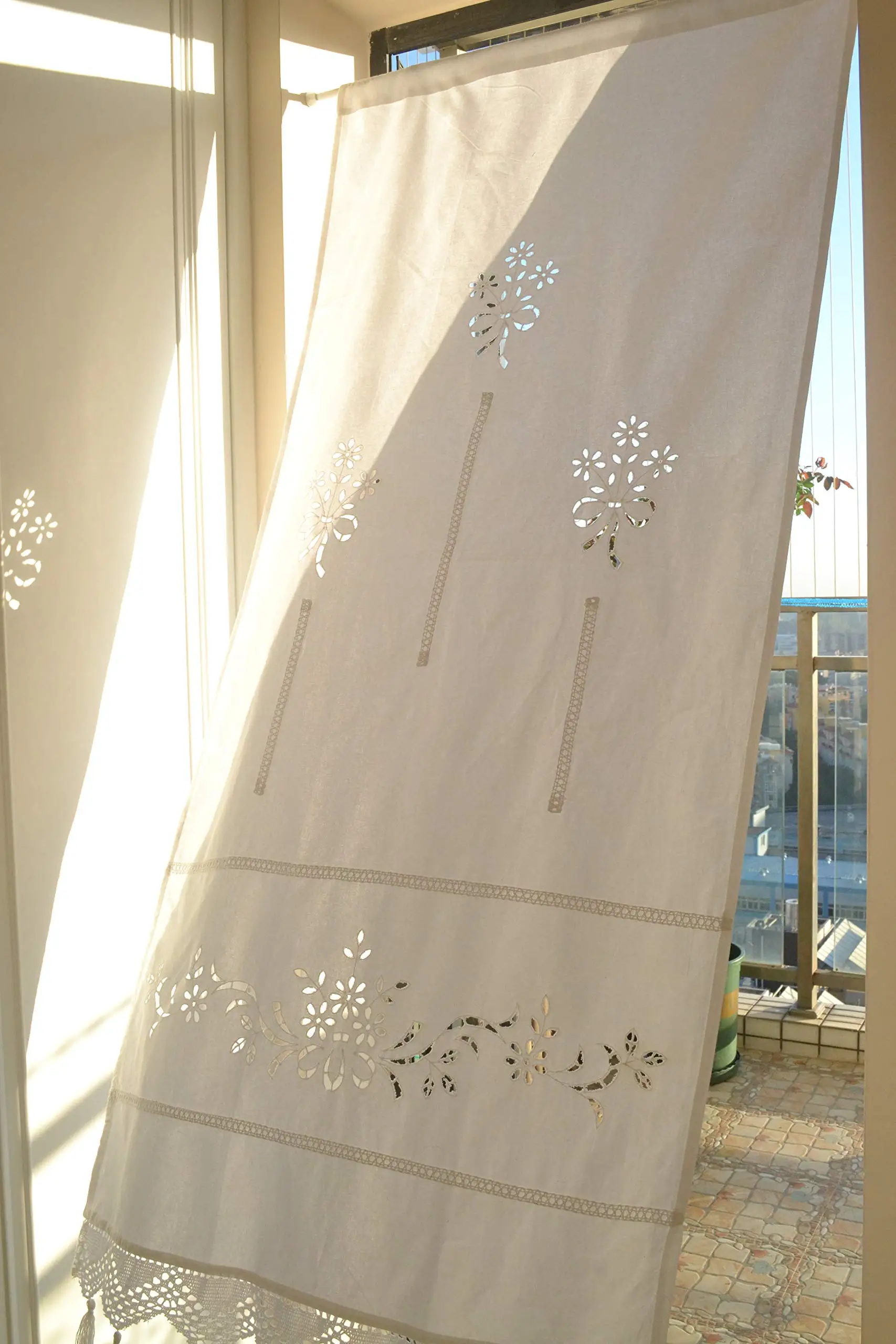 

Light Flittering White Cotton Curtain Kitchen Door Short Curtain Handmade Hollow out Semi Sheer Linen Curtain with Tassles