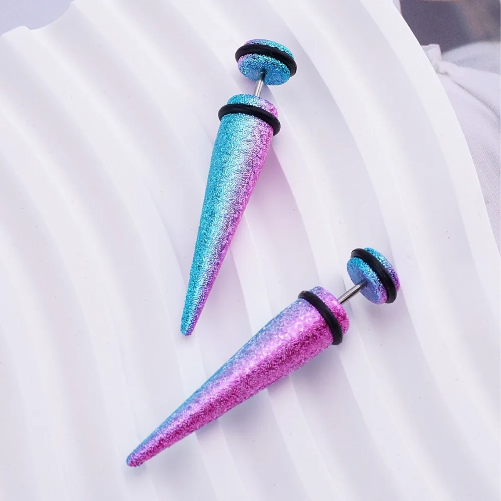 

1pair Punk Hip Hop Pointy Cone Earrings Light Weight Colored Studs False Ear Extension Jewelry
