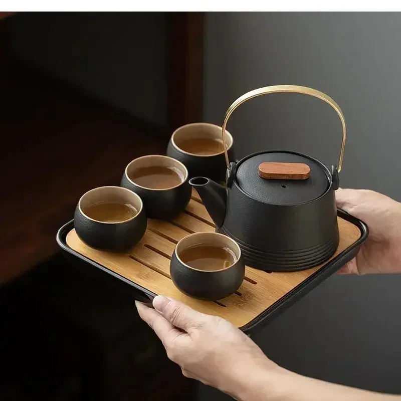 

Quality Chinese Tea Set Hand-held Black Ceramic Teapot Set Kung Fu Tea Box Purple Sand Charm Tea Pet