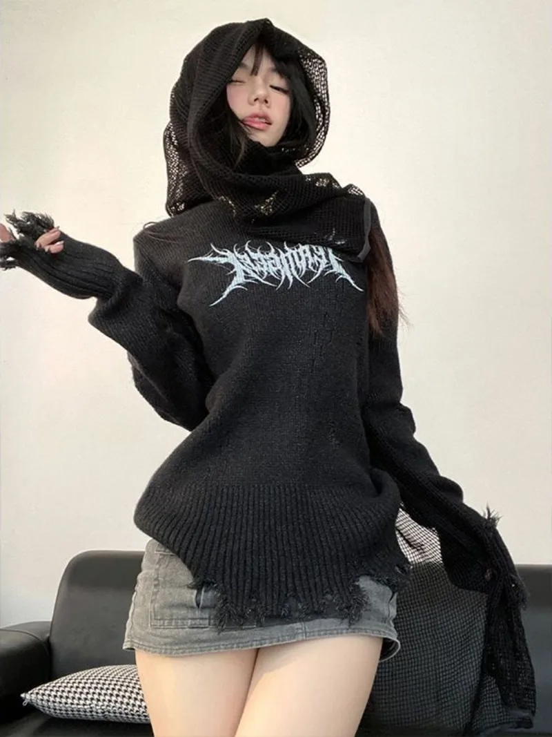 Japanese Tassel Pullovers Women Gothic Printing High Street O-neck Girl Long Sleeves Knitted Slim Tops Soft Sweaters Autumn