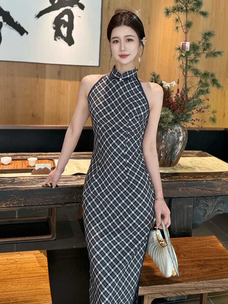 

Новое женское платье в китайском стиле с длинным рукавом и вырезом халтер, повседневное/праздничное, для молодых моделей, из полиэстера