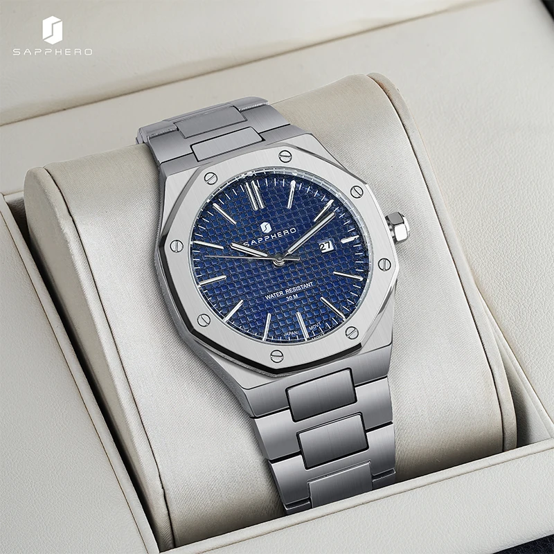 

Мужские часы SAPPHERO, ремешок из нержавеющей стали, водостойкий дизайн, автоматический календарь, праздничные подарки, изысканные часы в подарочной упаковке