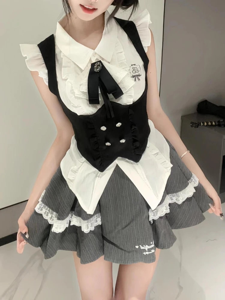 

Japanese Lolita Sweet 3 Piece Set Women Chic Shirt + Black Vest + Grey Pleated Skirt New Design College Style Kawaii JK Suit