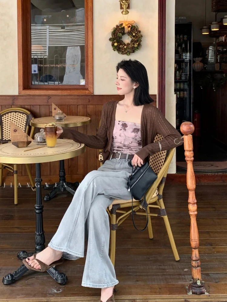 

Вязаный кардиган из ледяного шелка, открытый кардиган V-Ne, легкий летний солнцезащитный свободный женский повседневный прямой кардиган с защитой от солнца