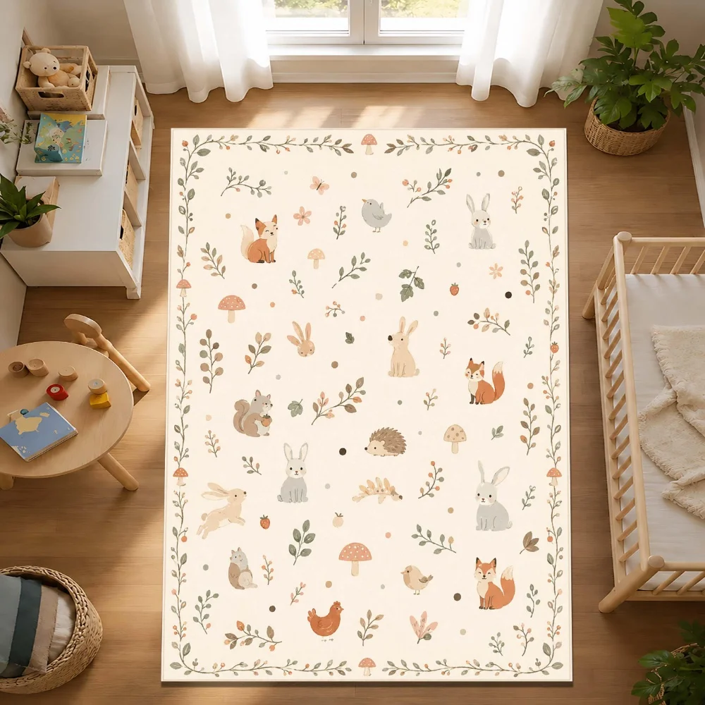 Soft Woodland Wildlife Foliage carpet apartment leisure nook dining area entry vestibule Washable Rug Present