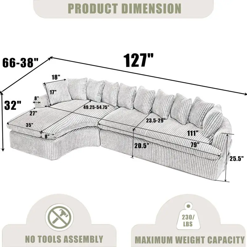 أريكة مقطعية كبيرة مقاس 127 بوصة، تصميم منحني أنيق، رغوة عالية المرونة، 10 وسائد خلفية، أريكة يسار على شكل حرف L، بدون تجميع