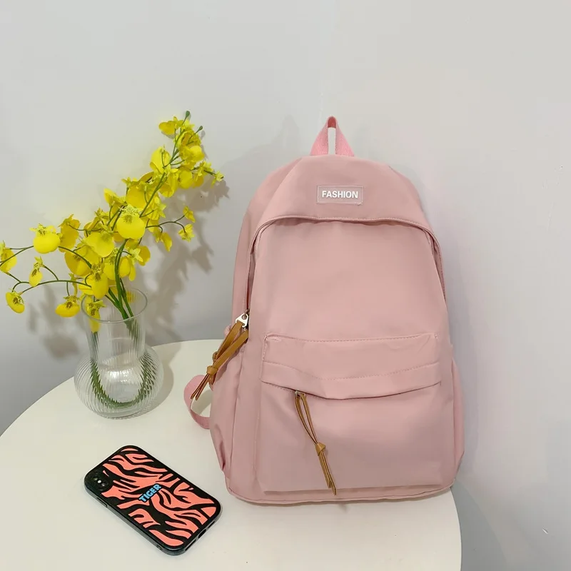 Fresh Solid Color Large Capacity Backpack Waterproof Nylon Student School Bag Simple Versatile Girls Campus Daily Daypack