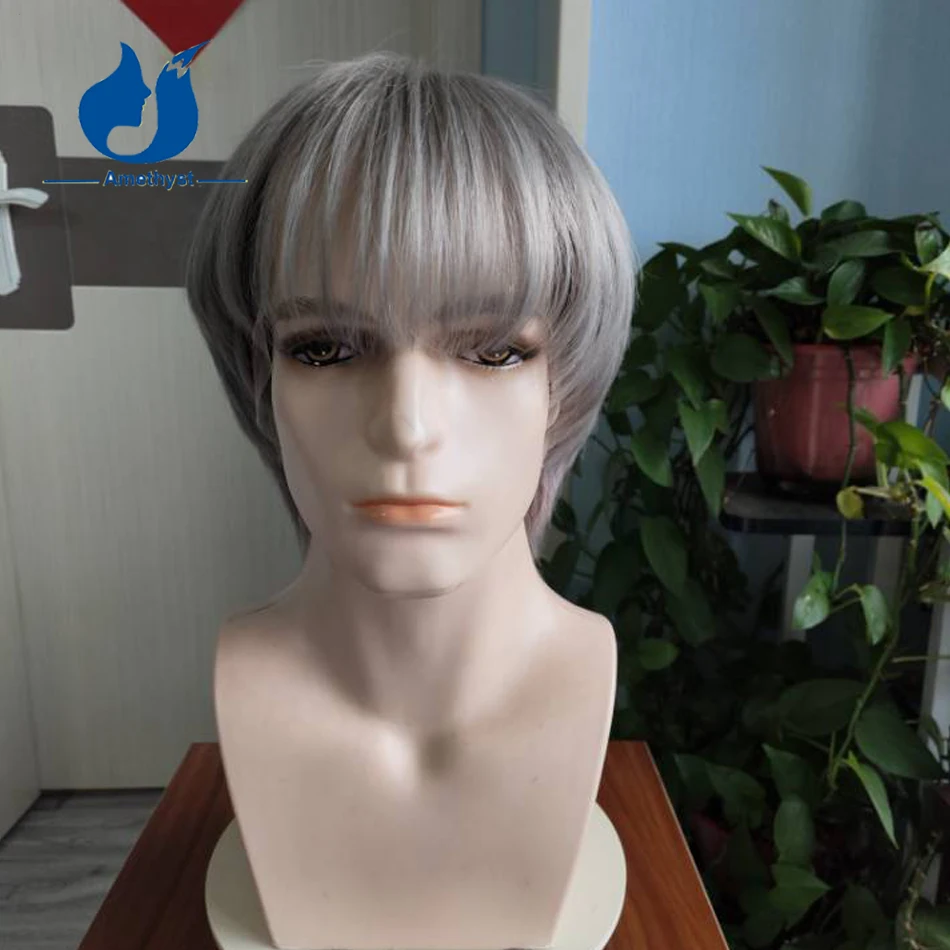 

Amethyst 13x4 Men's Grey Color Short Pixie Cut Wig Lace Front Human Hair Wig Brazilian Remy Hair Straight Pre Styled with Bangs