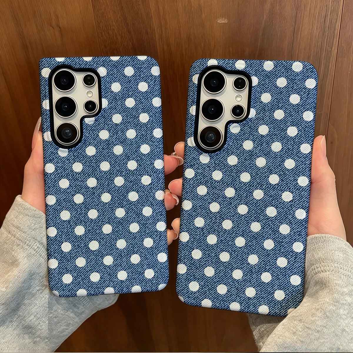 Denim White Large Dots Phone Case For Samsung Galaxy S26 S25 Ultra S24 S23 Plus Hard Shock‑Absorption 2-in-1Protective Cover
