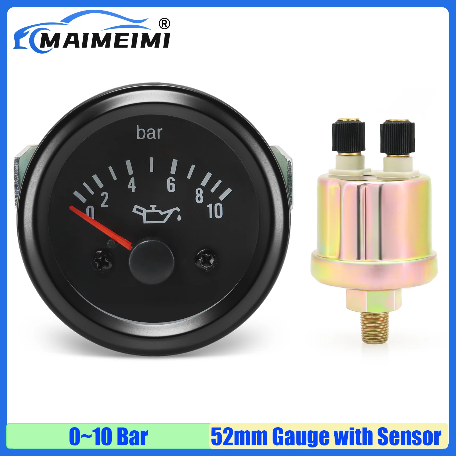 MAIMEIMI 0~10 Bar 52mm Oil Pressure Gauge with Sensor Yellow Light Oil Press Meter Indicator for Diesel Generator Car DC24V