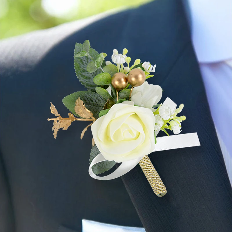 Boutonnières de marié de mariage, fleurs artificielles, Corsage de roses, costume de garçons d'honneur, broches, accessoires de mariage, fourniture de réception nuptiale