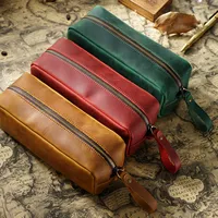 Estuche para lápices de cuero vintage, soporte de papelería hecho a mano, estuche para bolígrafos con cremallera para oficina y viajes