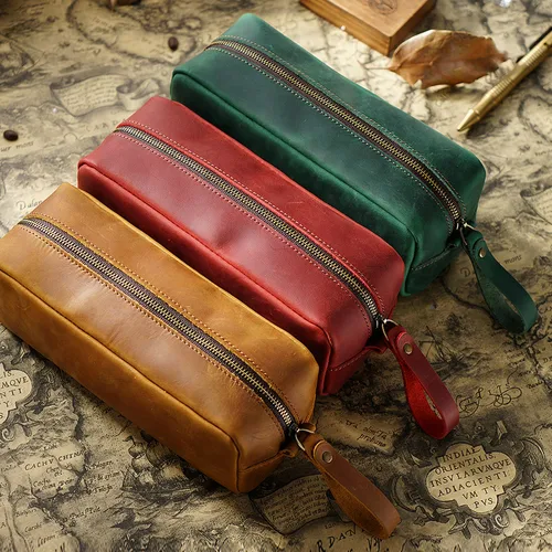 Imagen 1 del producto Estuche para lápices de cuero vintage, soporte de papelería hecho a mano, estuche para bolígrafos con cremallera para oficina y viajes