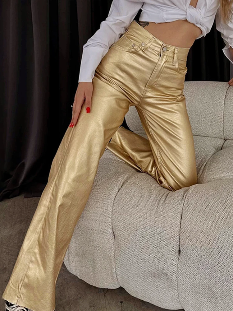 

2023 Winter Women's Leather Pants Pencil Glod Tight PU Faux Leather Pants Solid Zipper Classic Leather Trousers for Women Pants