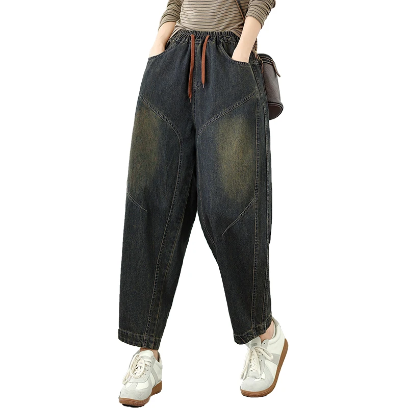 بالإضافة إلى حجم المرأة فضفاضة تناسب عارضة الحريم الجينز المتعثرة الأبيض Waed السراويل الطويلة مريحة مرونة الخصر سراويل جينز #5