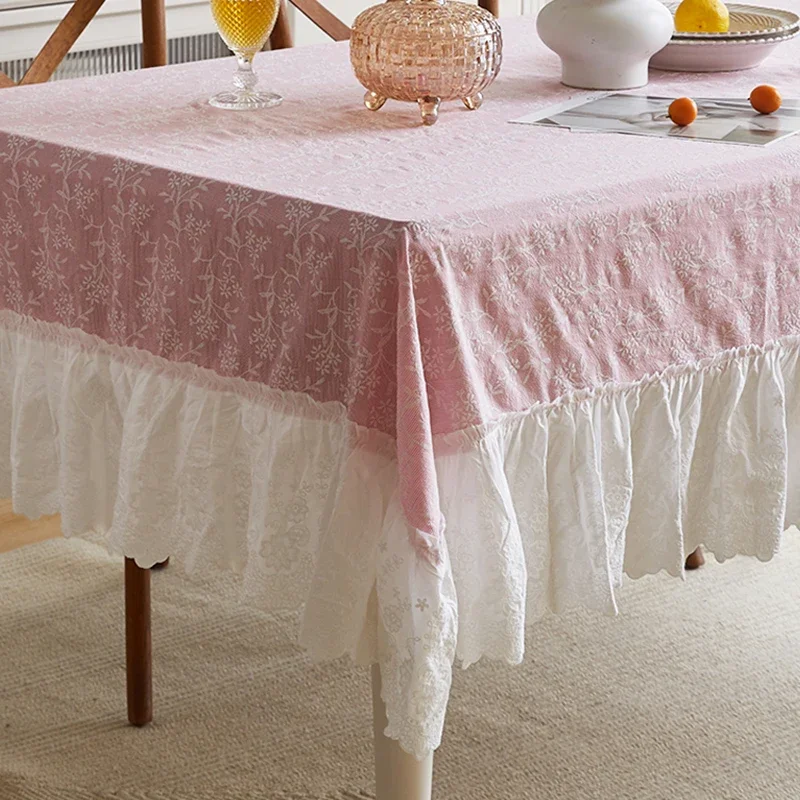 Pink Tablecloth Vintage Embroidered Pastoral Table Cloth Home Cabinet Coffeetable Cloth Elegant Floral Gentle Blue Tablecloth