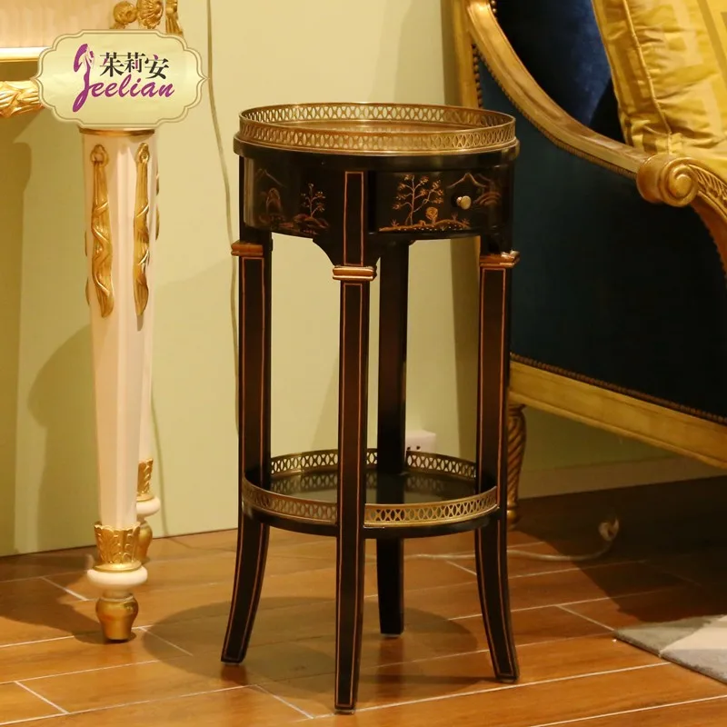 HJ new modern birch black gold hand-painted solid wood copper lace drawer double layer small round coffee table